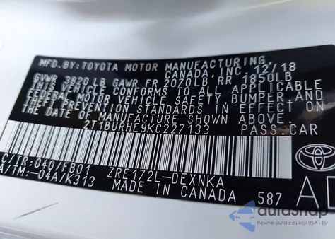 2019 Toyota Corolla Le z USA, uszkodzony, nr VIN 2T1BURHE9KC227133